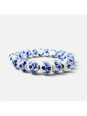 Blue White Floral Porcelain Bead Stretch Bracelet, Vintage Style Cottagecore